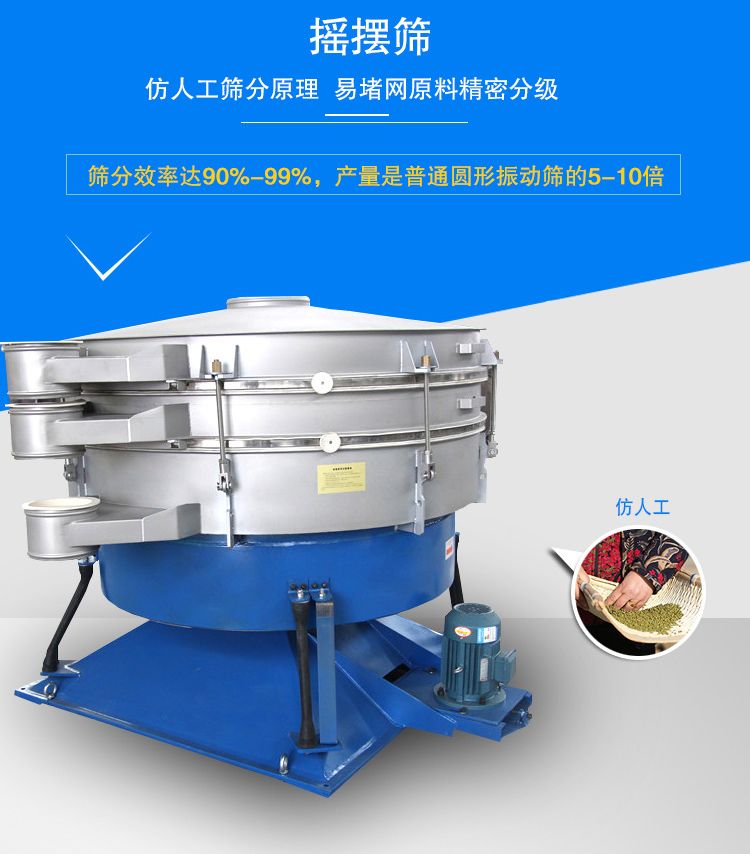 搖擺篩適合精細(xì)和超細(xì)范圍的粉末和微粒狀物料，產(chǎn)量大、精度高